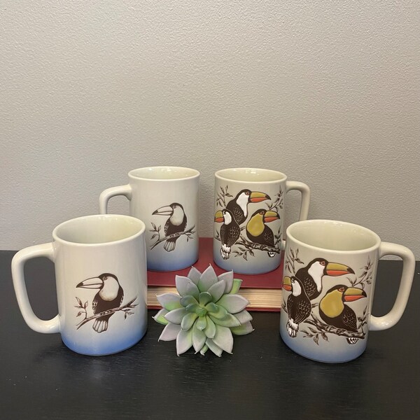 Set of 4 Vintage Toucan Mugs - Four Tropical Bird Theme Coffee Mugs