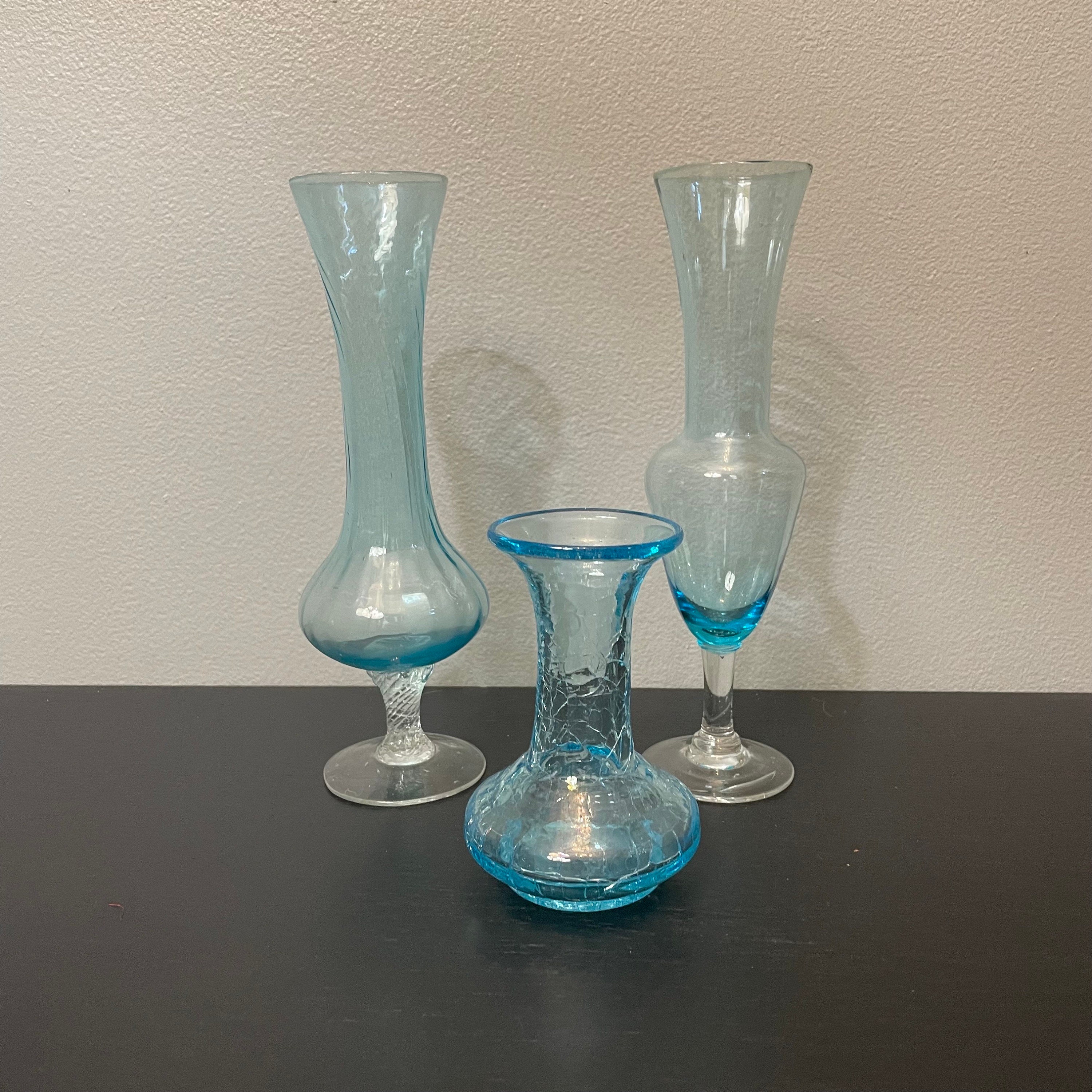 Set of 3 Aqua Blue Glass Bud Vases Collection of Aqua Color Glass Vases  8.25 to 4.25 Tall 