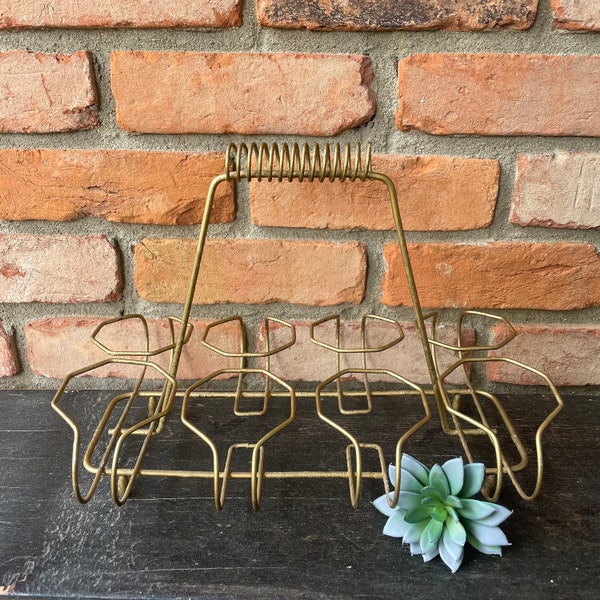 Vintage MCM Gold Metal Cocktail Glass Caddy - Metal Wire Barware 8 Glass Carrier