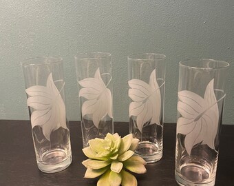 Vintage Highball Frosted Glasses - MCM Tom Collins Floral Etched Glasses - 7” tall - Set of 4 Glasses