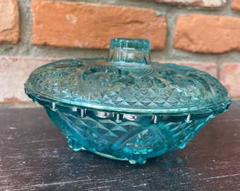 Vintage Pressed Blue Sugar Bowl Candy Dish with Lid Green 