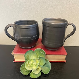 Set of 2 Barro Negro Pottery Mugs (Black Clay) - Signed Pottery Lama Oaxaca Mexico -