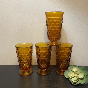 Set of 4 Whitehall Golden Yellow Glass Goblets - Colony Whitehall Amber Footed Glass Ice Tea Glassware - 6” tall