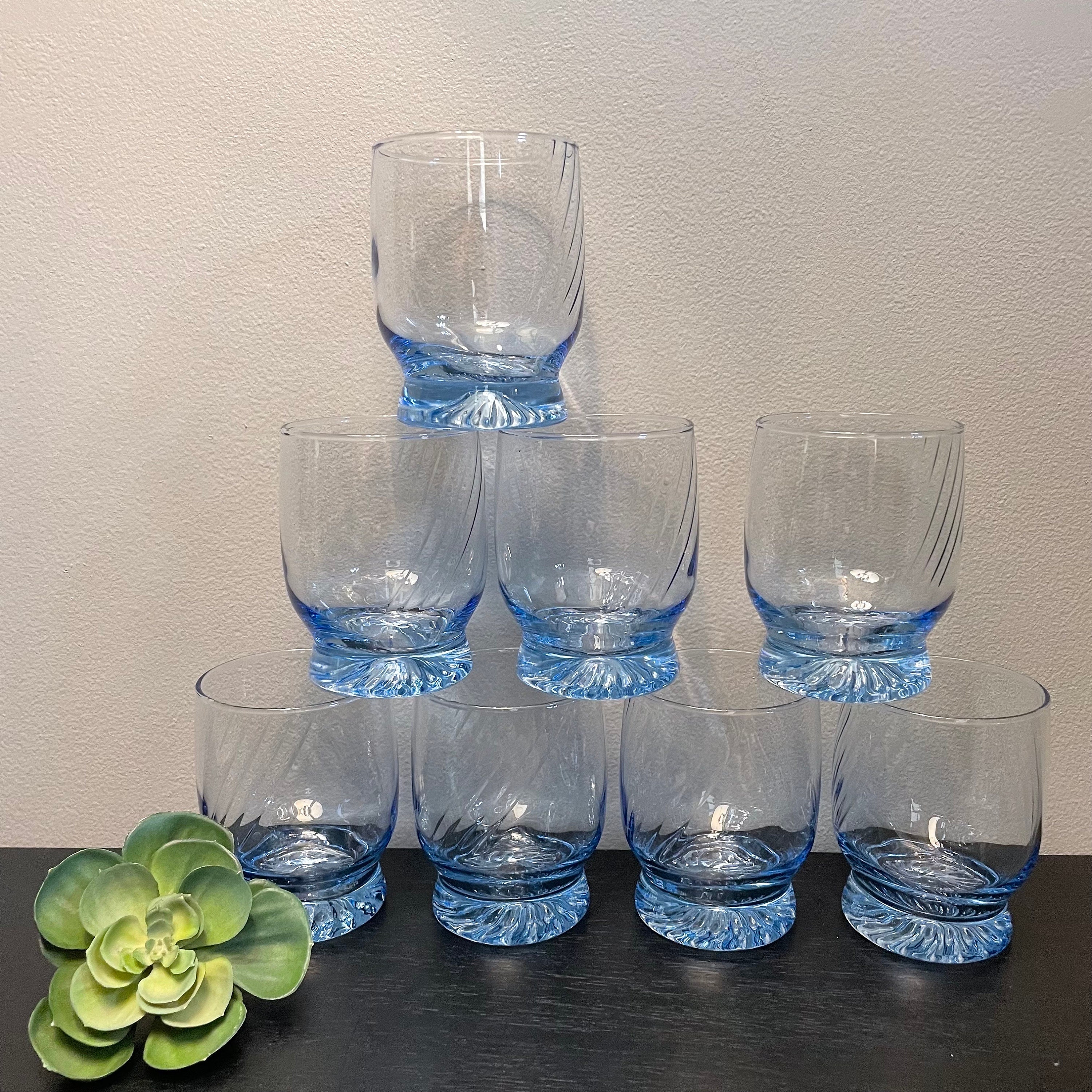 Six Blue Swirl Hand Blown 11 oz High Ball Glasses - Sapphire Swirl