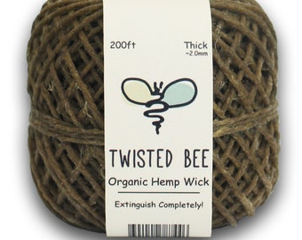 Organic Hemp Wick, Natural Beeswax Coating, Twisted Bee (200ft, ~2mm)