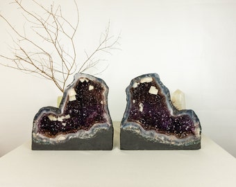Pair of Amethyst Cathedral Geode with Galaxy Druzy and Golden Goethite Cacoxenite, Deep Purple Amethyst Crystal Cave - 23 Kg 51 lb