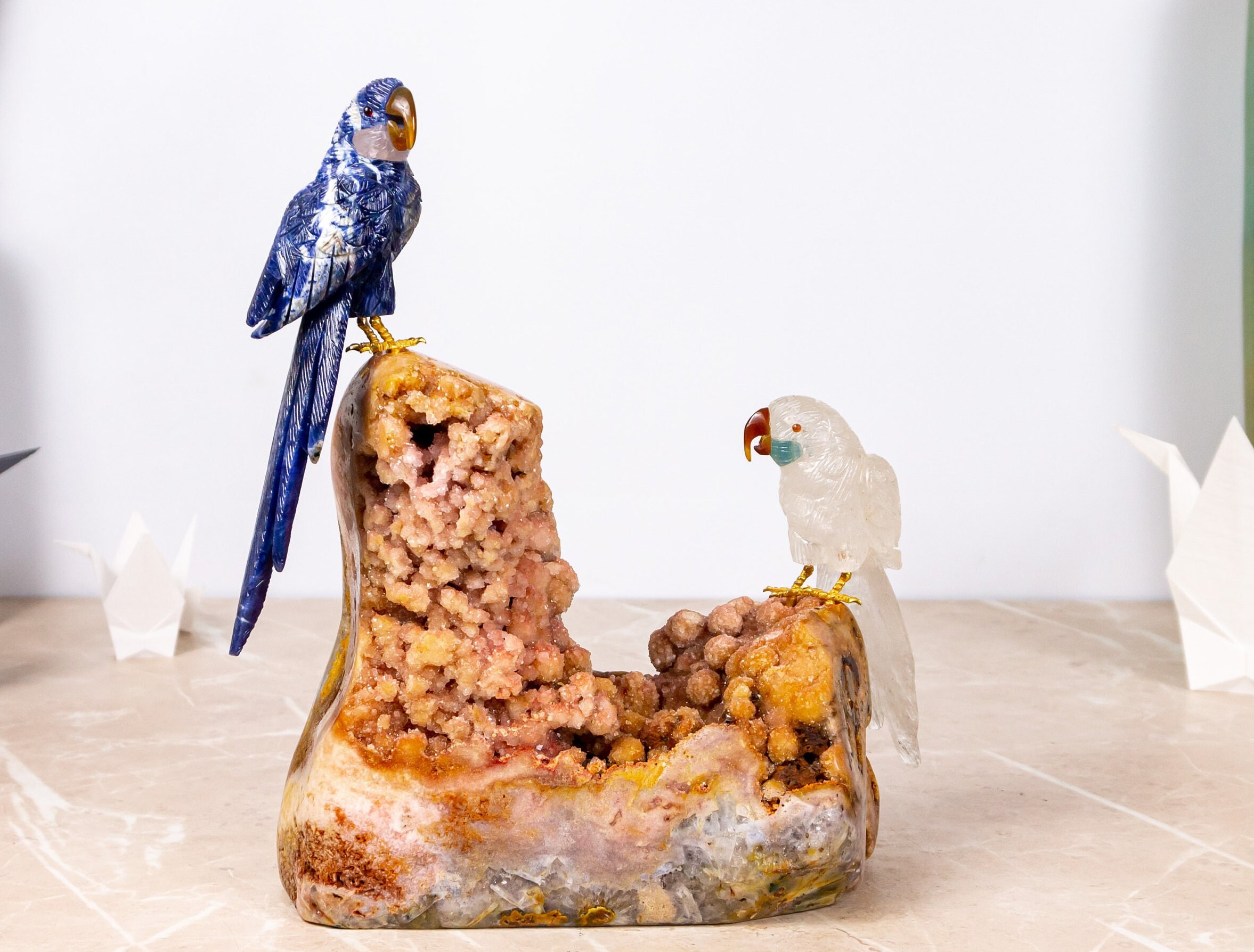 Couple of Parrots Sculpture by World-Renowned Carver Venturini - Sodalite and Pink Quartz Crystal Bird Carvings