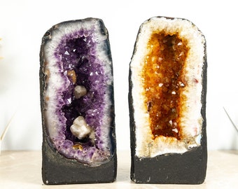 Pair of Book Matching Amethyst and Citrine Geodes,