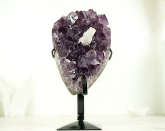 Small Deep Purple Amethyst Cluster with Intact Calcite and Goethite from Uruguay on Stand - 1.4 Kg - 3.2 lb