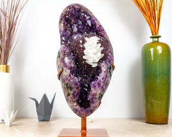 Tall Amethyst Rosette Flower with UV Reactive Calcite, AAA Amethyst Cluster on Stand - 13 Kg - 28 lb