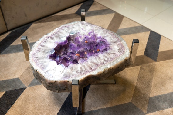 Purple Amethyst Geode Coffee Table on Handmade Stainless Steel
