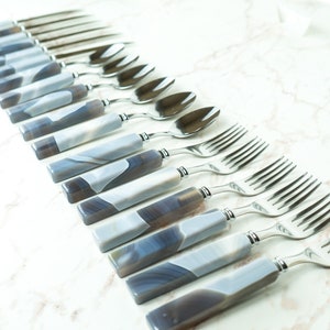 Handmade Blue Lace Agate with Stainless Steel Cutlery Tableware Set, Serves 6, Comes in a Wooden Box