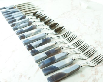 Handmade Blue Lace Agate with Stainless Steel Cutlery Tableware Set, Serves 6, Comes in a Wooden Box