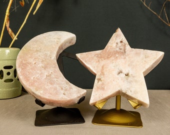 Large Pink Amethyst Moon and Star Set, Pink Amethyst Druzy, Natural, Polished, Ethical - High Quality - 3.5 Kg - 7.6 lb