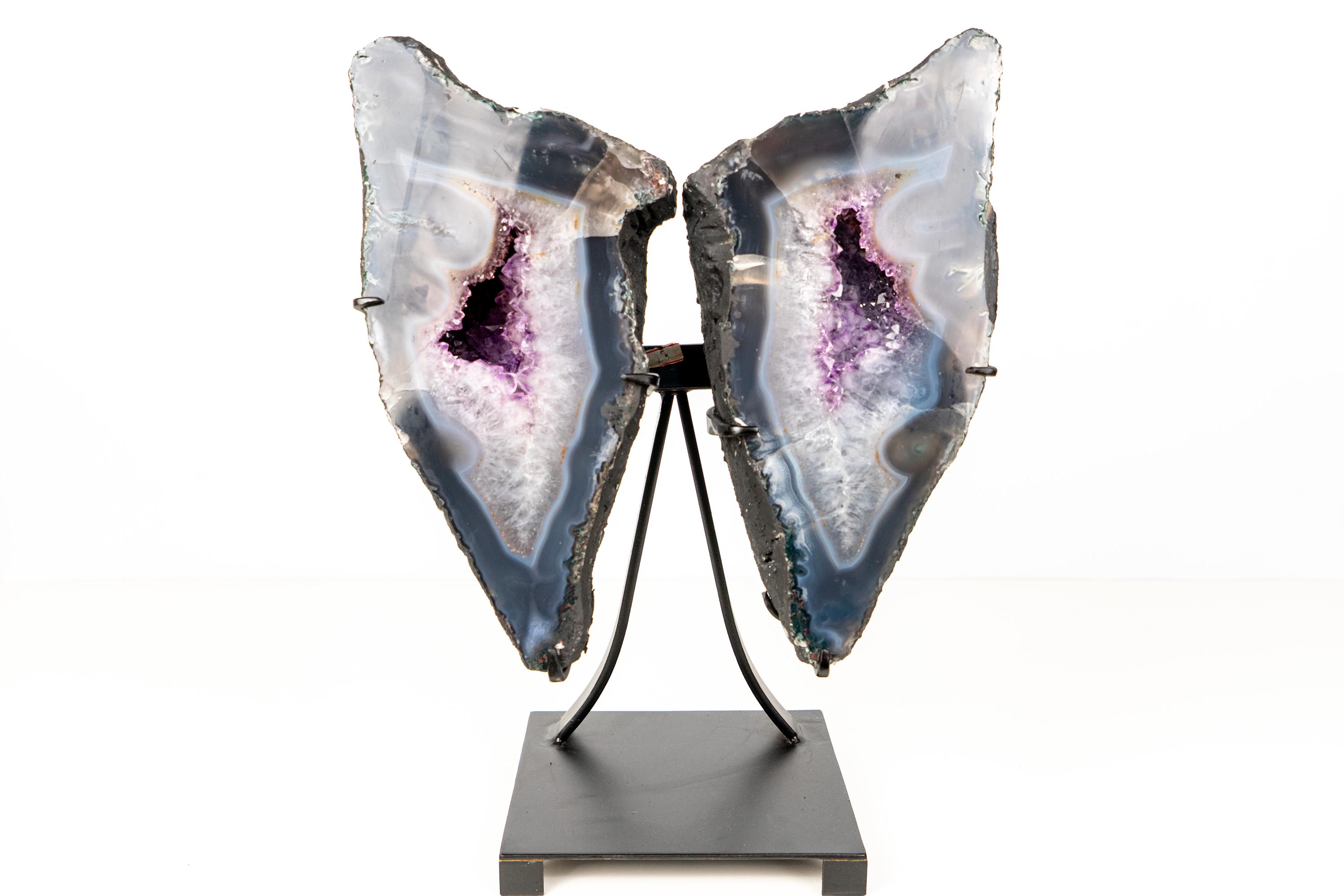 天然瑪瑙の蝶のジオード羽 - 青と白の縞模様の瑪瑙、ドゥルージーと