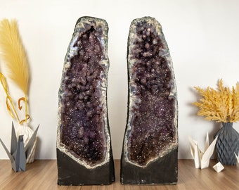 World Class Pair of Amethyst Geodes, Museum Grade Galaxy Amethyst with Stalactites, 23&quot; Tall, Large 36 Kg - 79 lb