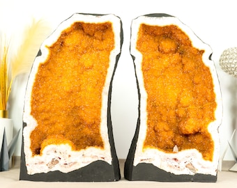 Pair of Bookmatching Statement Citrine Geodes with Golden Yellow Galaxy Druzy - 49.0 Kg - 108 lb