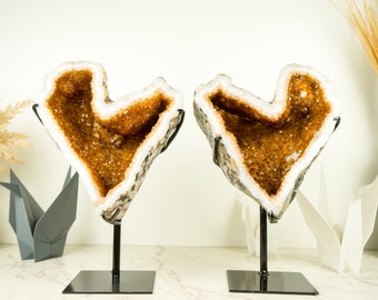 Pair of Naturally Shaped Citrine Heart Geodes with Deep Orange Citrine and White Agate Matrix - 10.2 Kg - 22.5 lb