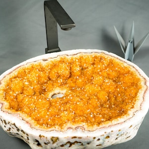 All-Natural Citrine Geode Sink with Druzy Crystals, Wash Basin, Handmade Luxury Stone Bathroom Decor with Polished Edges 16 x 13 In.