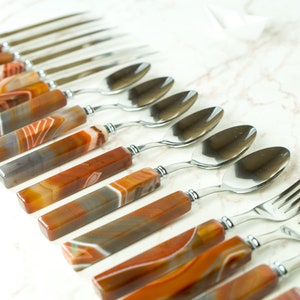 Handmade Red Lace Agate with Stainless Steel Cutlery Tableware Set, Serves 6, Comes in a Wooden Box
