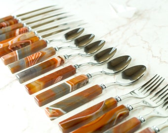Handmade Red Lace Agate with Stainless Steel Cutlery Tableware Set, Serves 6, Comes in a Wooden Box