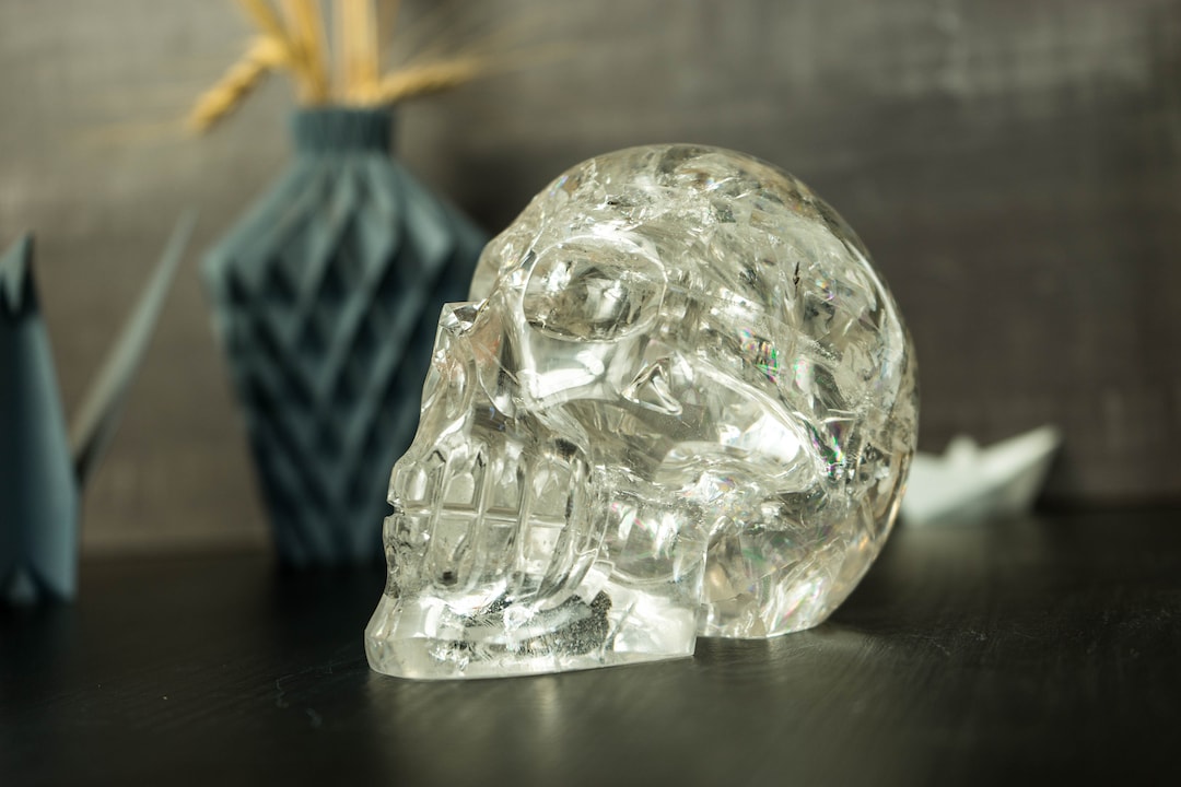 Real Crystal Skull With Huge Rainbows, Natural Crystalclear