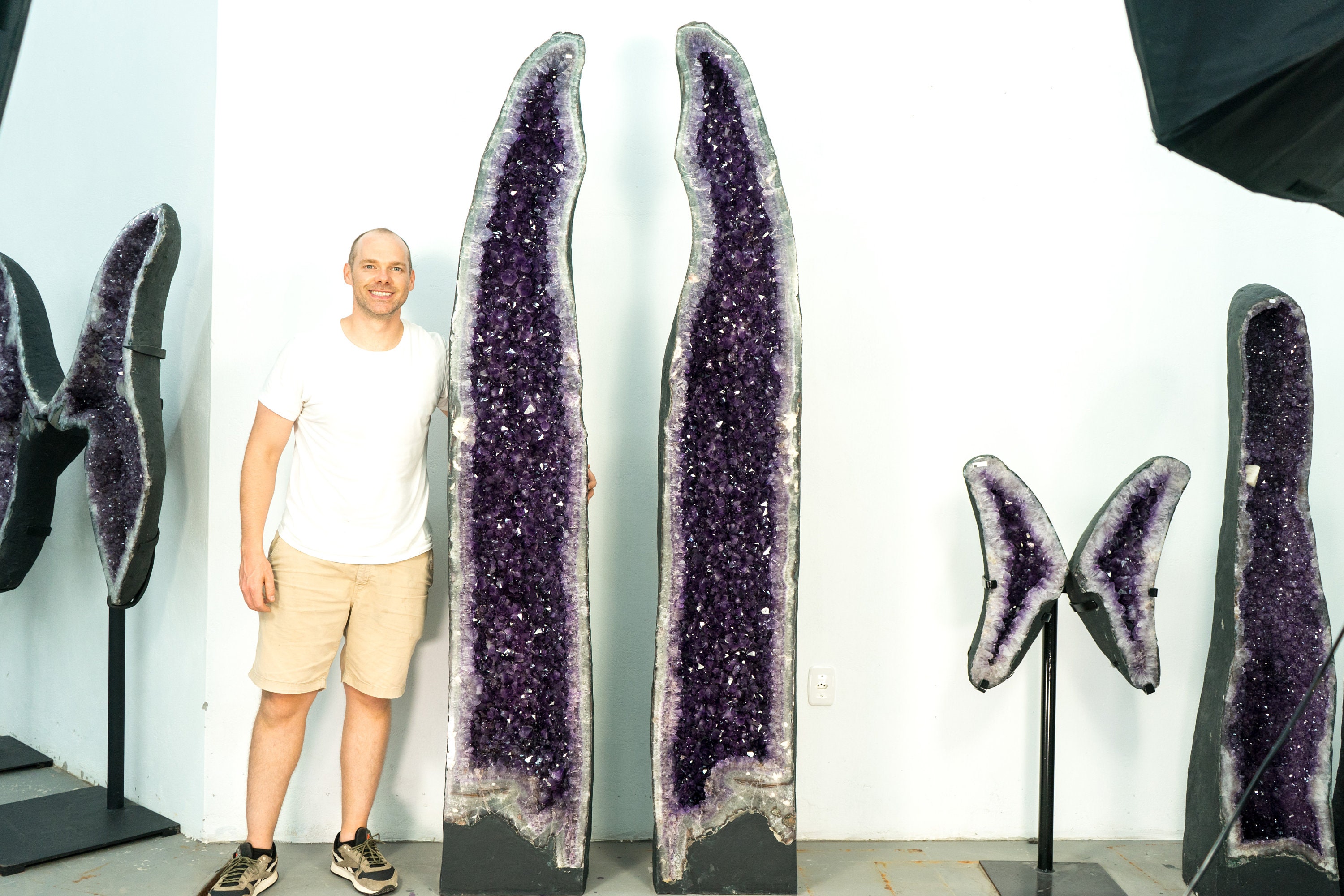Pair of 8 Ft Tall Giant High-Grade Amethyst Cathedral Geodes with Deep Purple Points - 1600 Lb 717 Kg