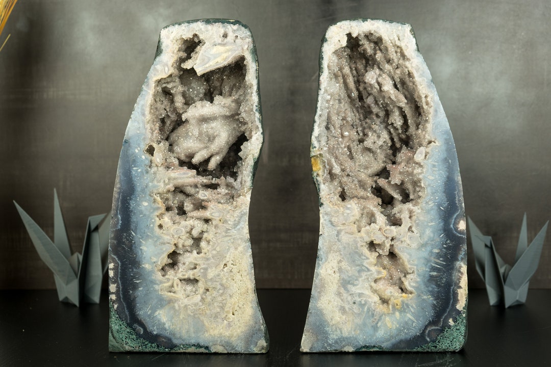Pair of Rare Landscaped Sea Blue Agate Geodes With Amethyst Crystal ...