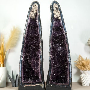 Fantastic Pair of Amethyst Cathedral Geodes, with Lace Agate, Purple Amethyst, and Calcite, Large and Tall Geode - 36 In - 162 Lb