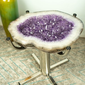 Amethyst Geode Accent End Table on Handmade Inox Base with Lavender Purple Amethyst Geode