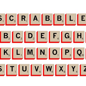 May include: A set of Scrabble tiles with the letters of the alphabet and their point values. The tiles are beige with black letters and red borders.