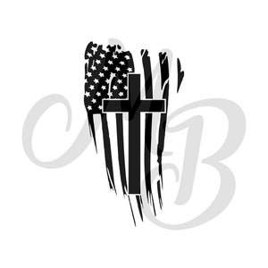 May include: A black and white distressed American flag design with a cross in the center. The flag is faded and worn, giving it a vintage look.