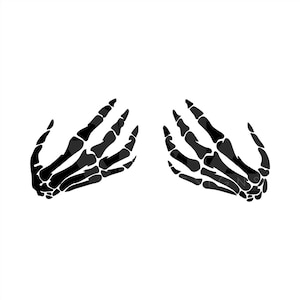 May include: Black and gray skeletal hands illustration. The hands are depicted with detailed bone structures, fingers slightly curved, and set against a clean white background. The design is suitable for Halloween or gothic-themed products.