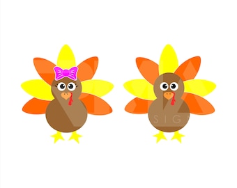 May include: Two cartoon turkeys with brown bodies, yellow feet, and colorful tail feathers in yellow, orange, and red. One turkey has a pink bow, and both have large eyes and red wattles. The background is white.