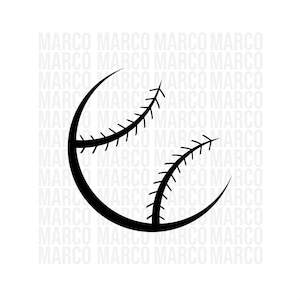 May include: Black and white illustration of a baseball with stitching.