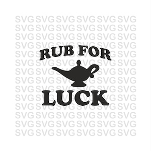 Könnte beinhalten: Schwarzweißes Grafikdesign einer Genielampe mit dem Text "Rub for Luck".