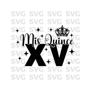 Peut inclure: Conception graphique en noir et blanc avec le texte "Mis Quince XV" et une couronne au-dessus du texte. Le design comprend de petites étoiles autour du texte.