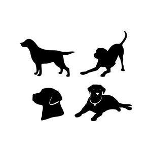 May include: A collection of four black dog silhouettes on a white background. The dogs are in various poses: standing, stretching, a head profile, and lying down with a collar.