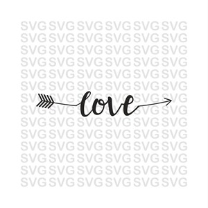 May include: Black and white graphic design of an arrow with the word "love" written in cursive. The arrow points to the right.