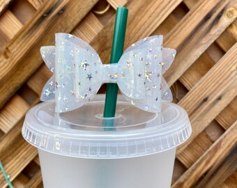 Jelly Bow Straw Topper//cold Cup Accessory//tumbler  Accessory//glitter//holographic  Stars//white//pink//yellow//purple//peach//gift for Her 