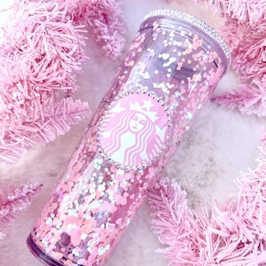 Lovely Hearts Snow Globe Tumbler//16oz//24oz//Pink Glitter//Girly Travel Mug//Epoxy Free//Valentine//Holographic//Rhinestone//Bling