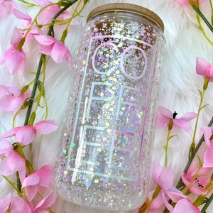 Opalescent Glitter Snow Globe Glass Can//12oz//Coffee Mug//Iced Coffee//Holographic//Bamboo Lid//Travel Mug//Kitchenware//Gift for Her