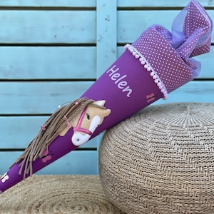 Schultüte Pferd, Applikation, Lila, Beere, mit Name personalisierbar