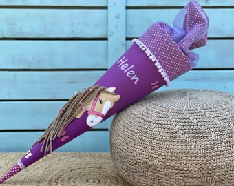 School cone horse, appliqué, purple, berry, personalizable with name
