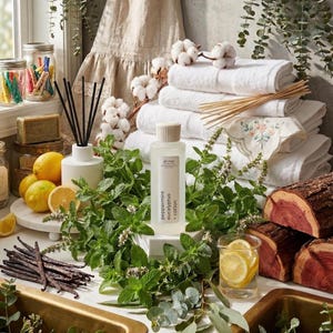 May include: A spa-themed display featuring white towels, a bottle of peppermint eucalyptus + cotton essential oil, fresh lemons, and sprigs of mint. Decorative elements include cotton bolls, vanilla beans, and a glass of water with lemon slices.