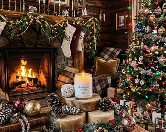 May include: A cozy Christmas scene with a lit fireplace, decorated Christmas tree, and a candle labeled "Christmas Cabin." The room is adorned with festive decorations, including stockings, ornaments, and pinecones, creating a warm, inviting atmosphere.