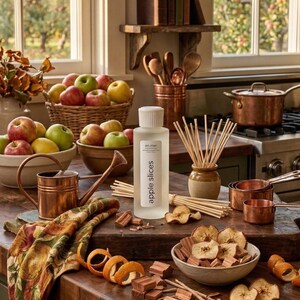 May include: A kitchen scene with a bottle of "apple slices" fragrance, surrounded by apples, cinnamon sticks, and dried apple slices. Copper pots, measuring cups, and a watering can add to the rustic aesthetic. A floral patterned cloth is draped on the wooden countertop.