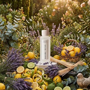 May include: A white bottle with the text "en mer lavender + lemon" sits among lemons, limes, and lavender. A basket of lemons and a decorative bird are also present. The scene is set outdoors with greenery and sunlight.