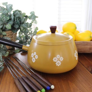 Vintage Yellow Fondue Set with Forks - 1970s Retro Kitchen Cookware