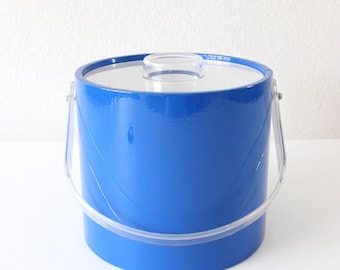 Cobalt Blue Ice Bucket with Acrylic Lid and Handle - Vintage Mod Barware